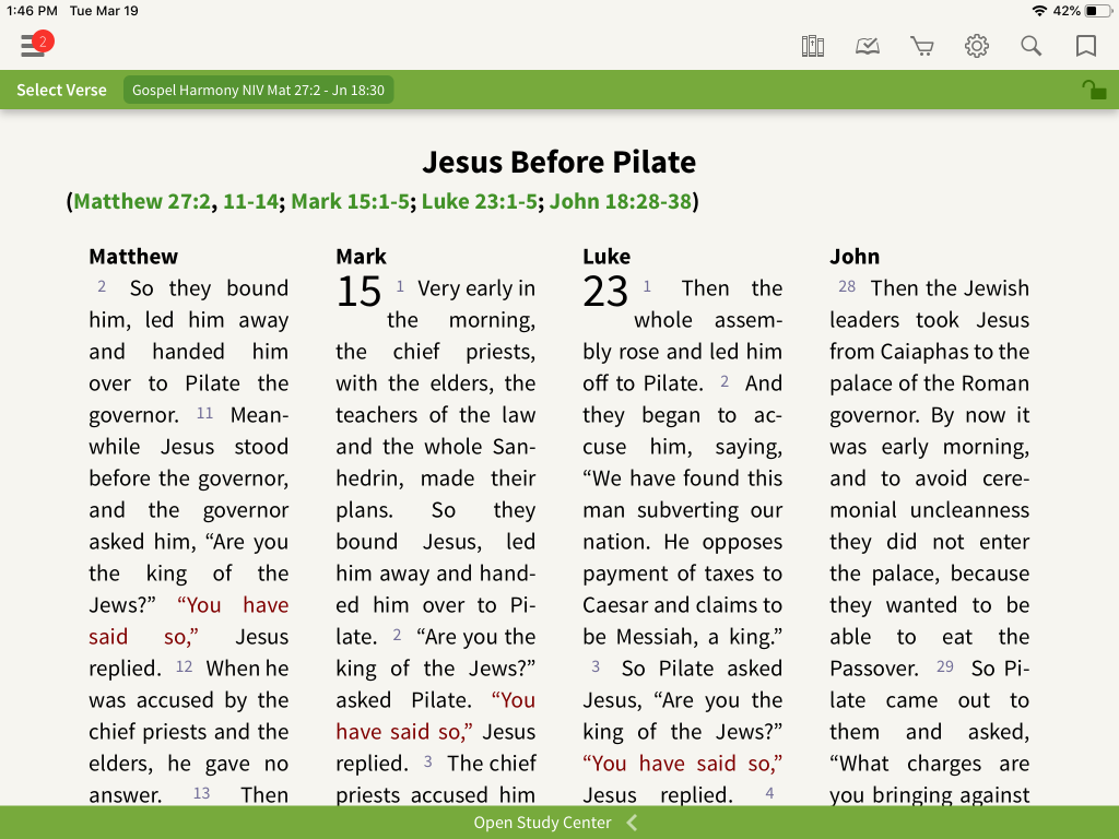 Jesus before pilate gospel harmonies
