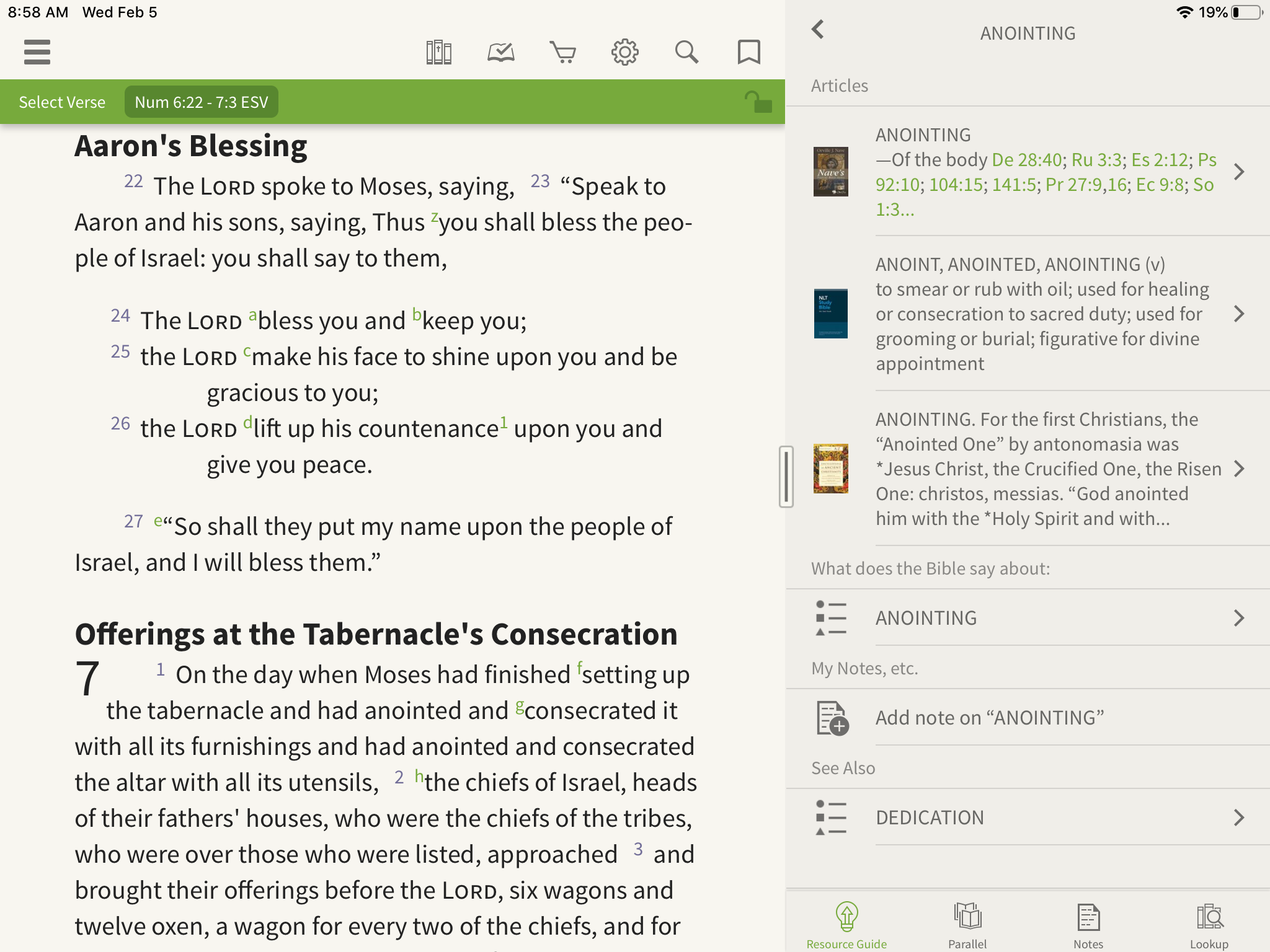 Olive Tree Bible App open to articles on anointing