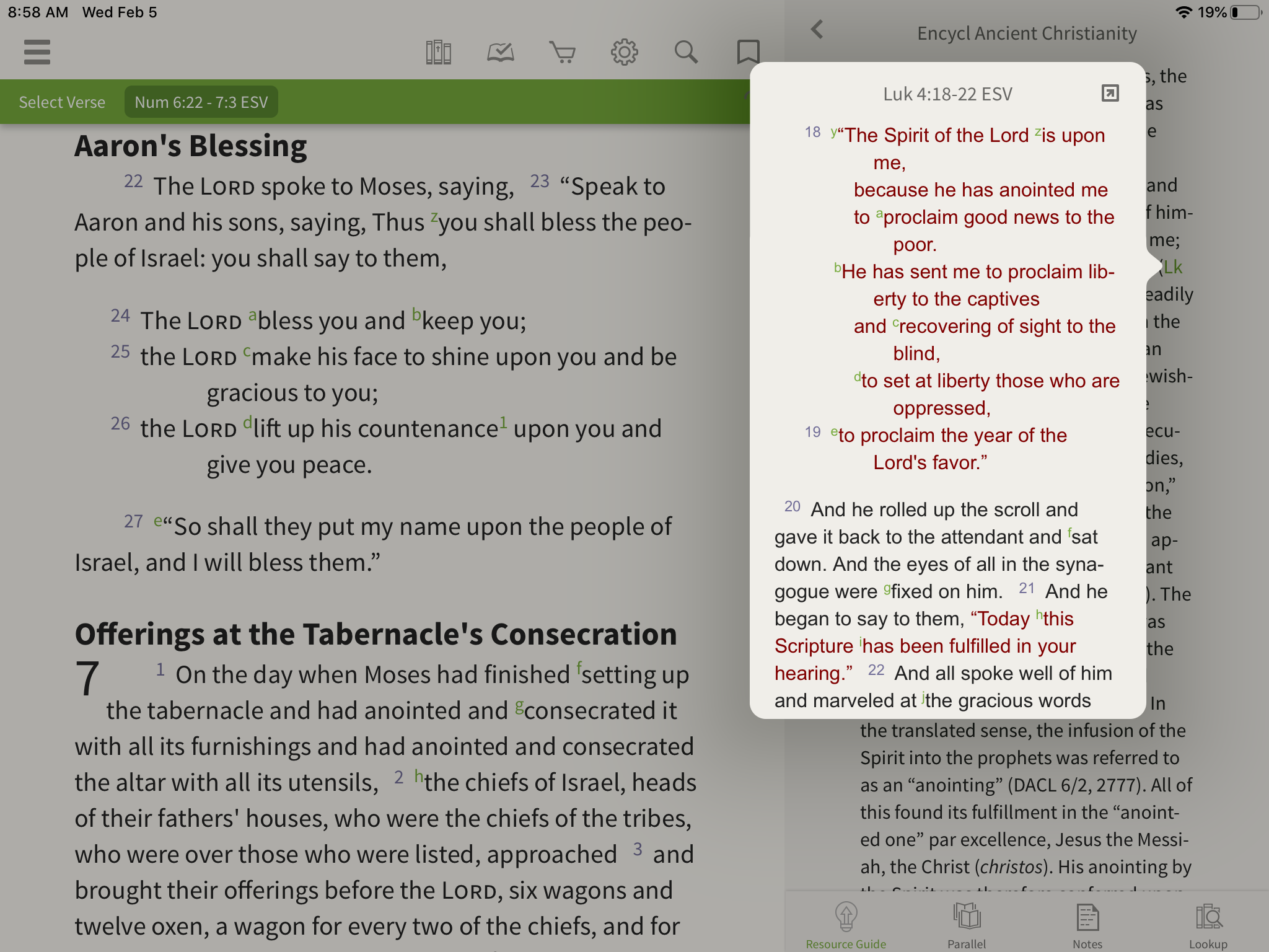 App open to Encyclopedia of Ancient Christianity with pop-up window containing verse reference