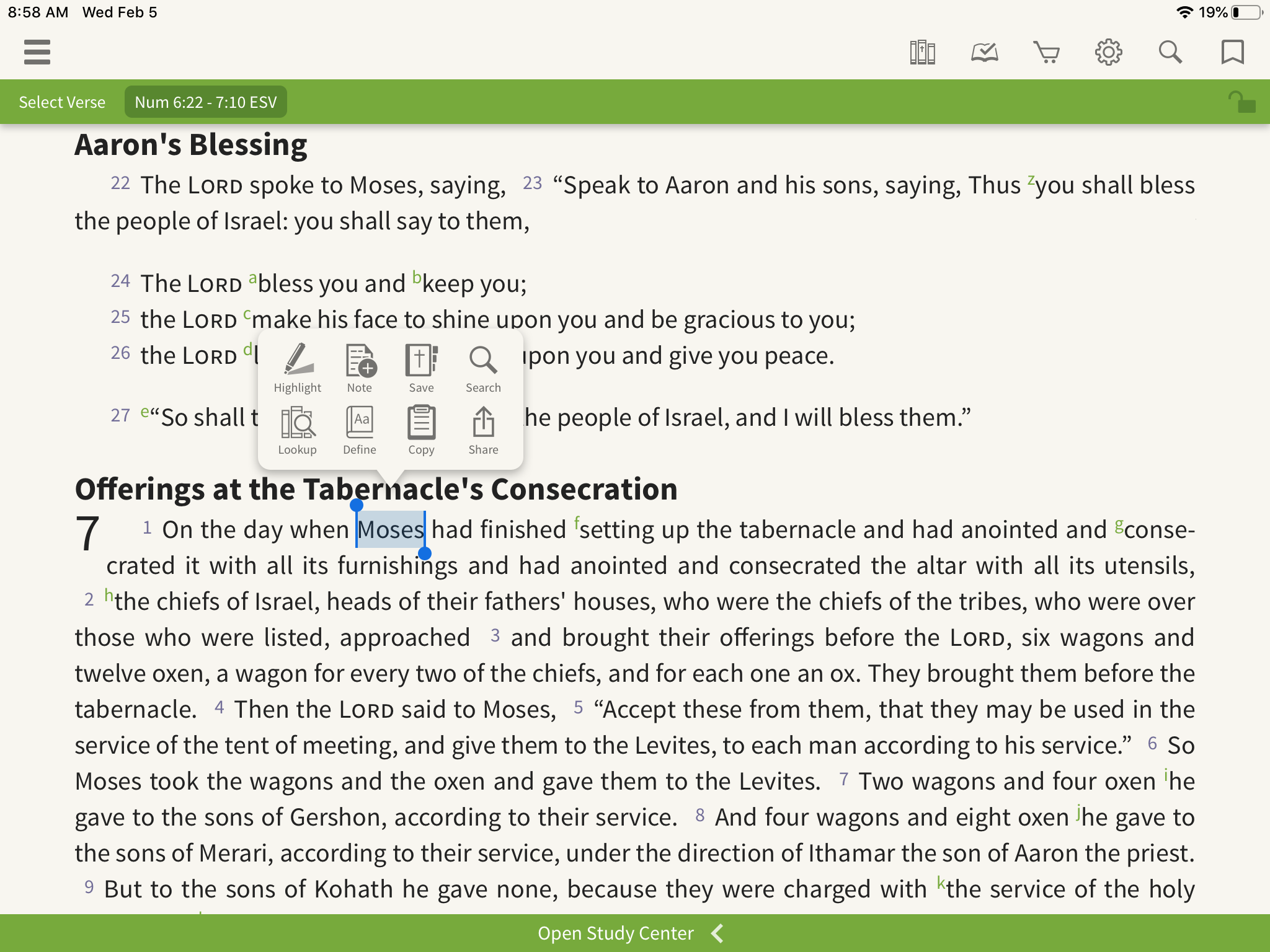 Olive tree Bible App open to Numbers 6