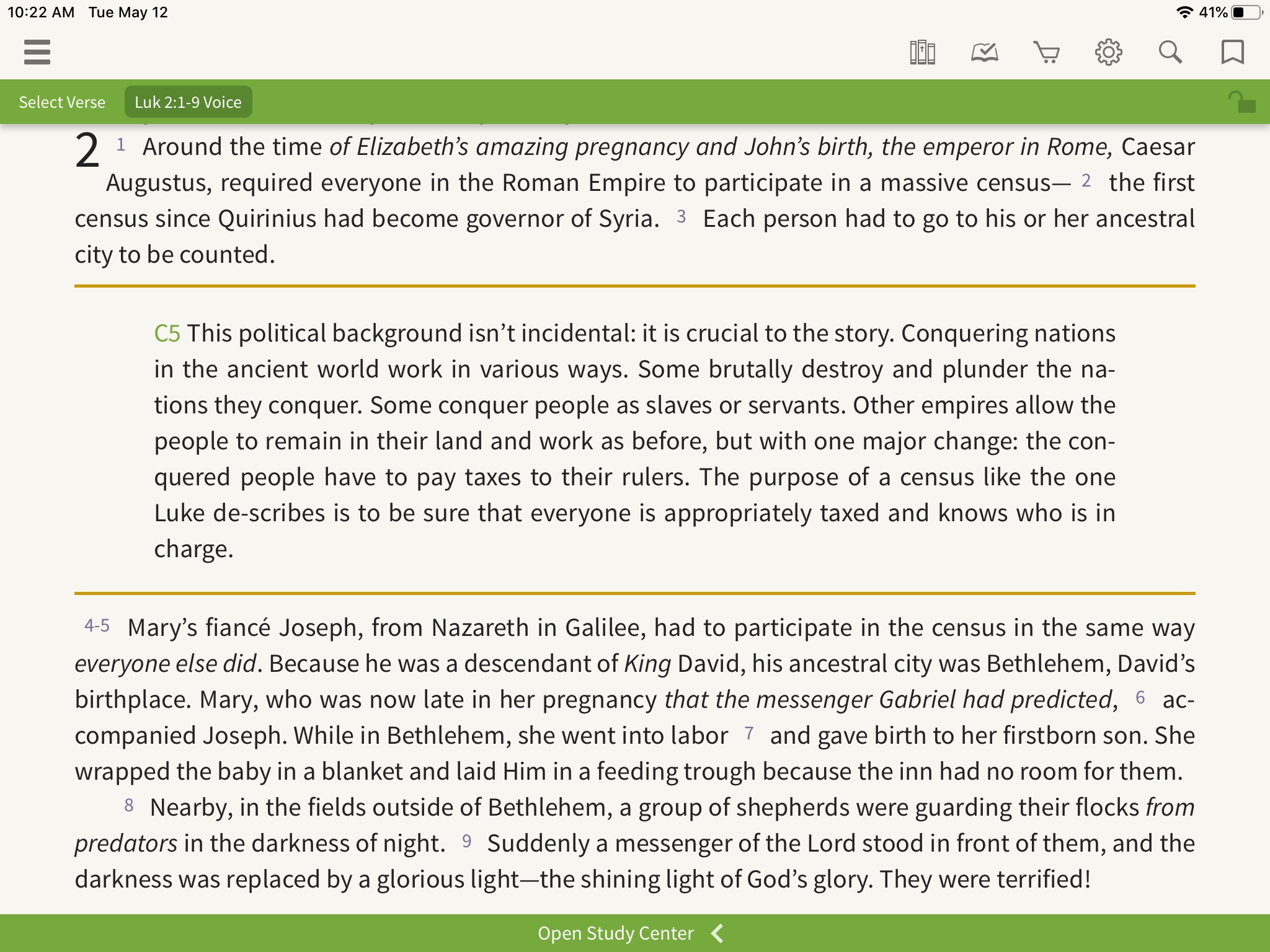 a screenshot from the Olive Tree Bible App, open to Luke 2