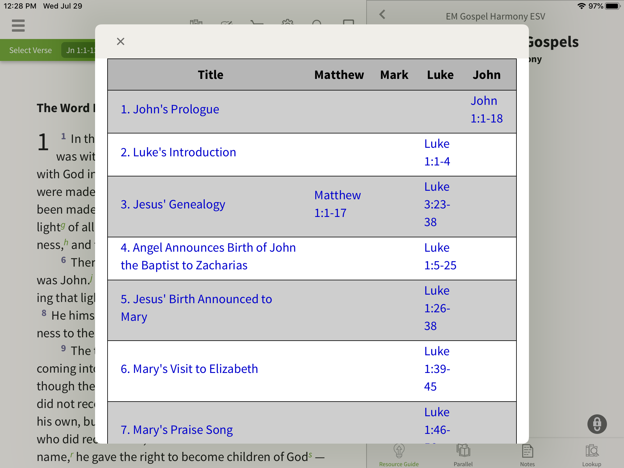 opening charts in the olive tree bible app