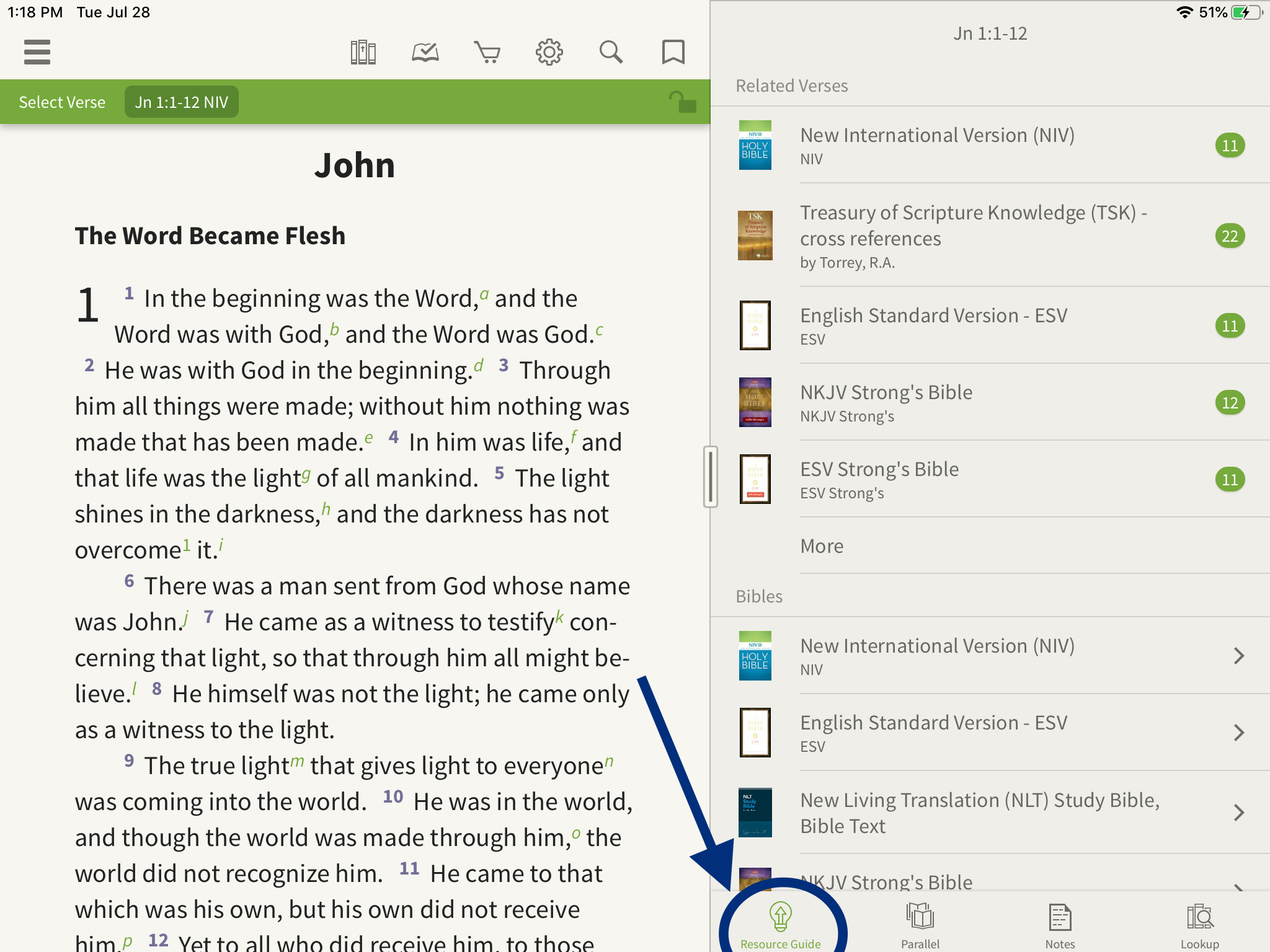 opening the resource guide in the olive tree bible app