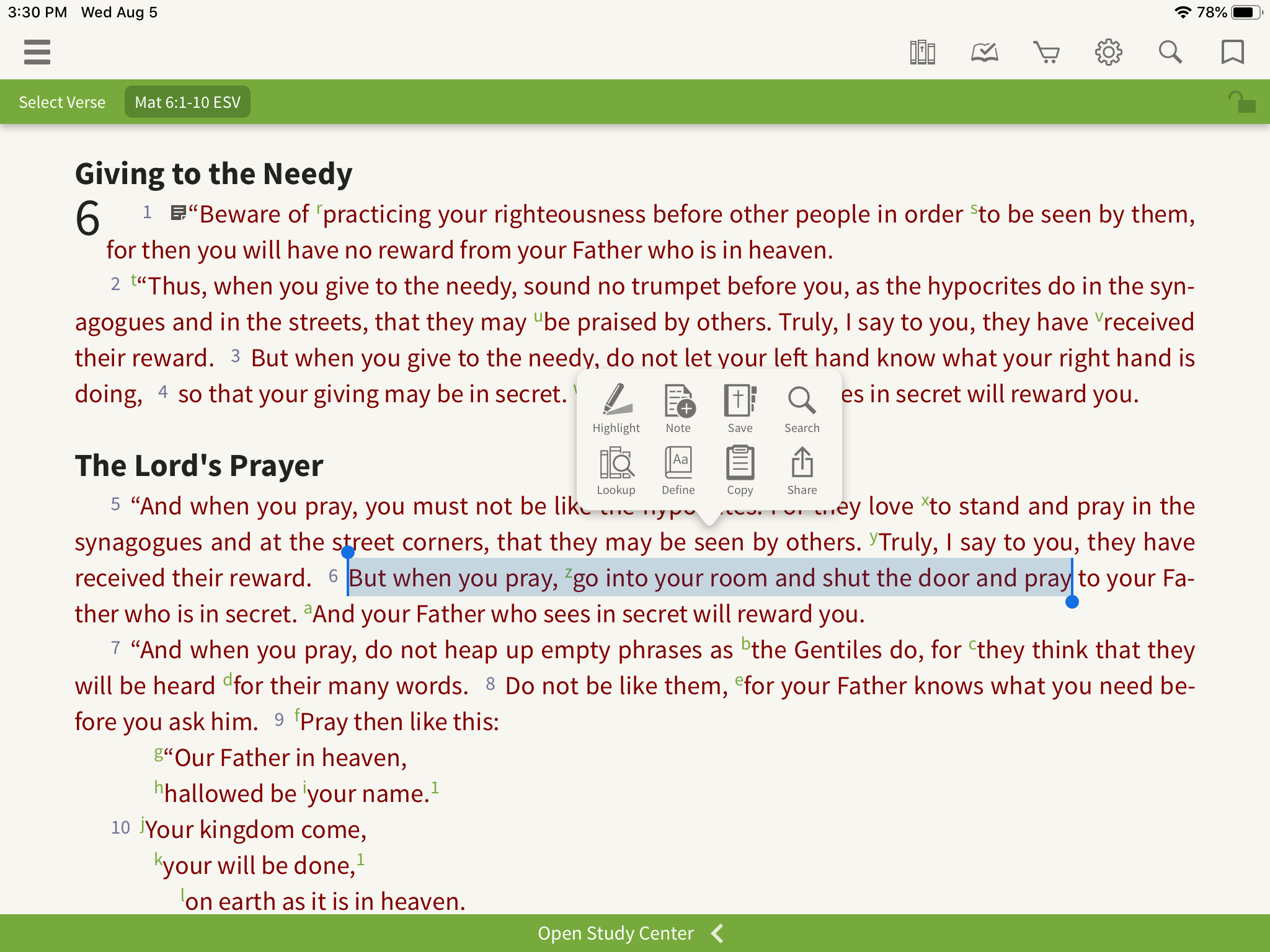 word-based note in the olive tree bible app