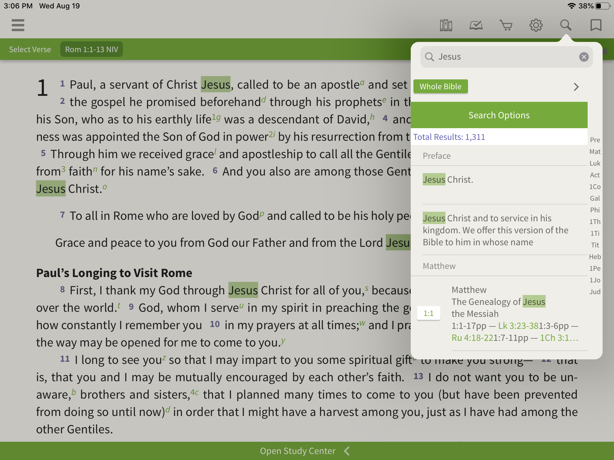 searching for "Jesus" in the olive tree bible app